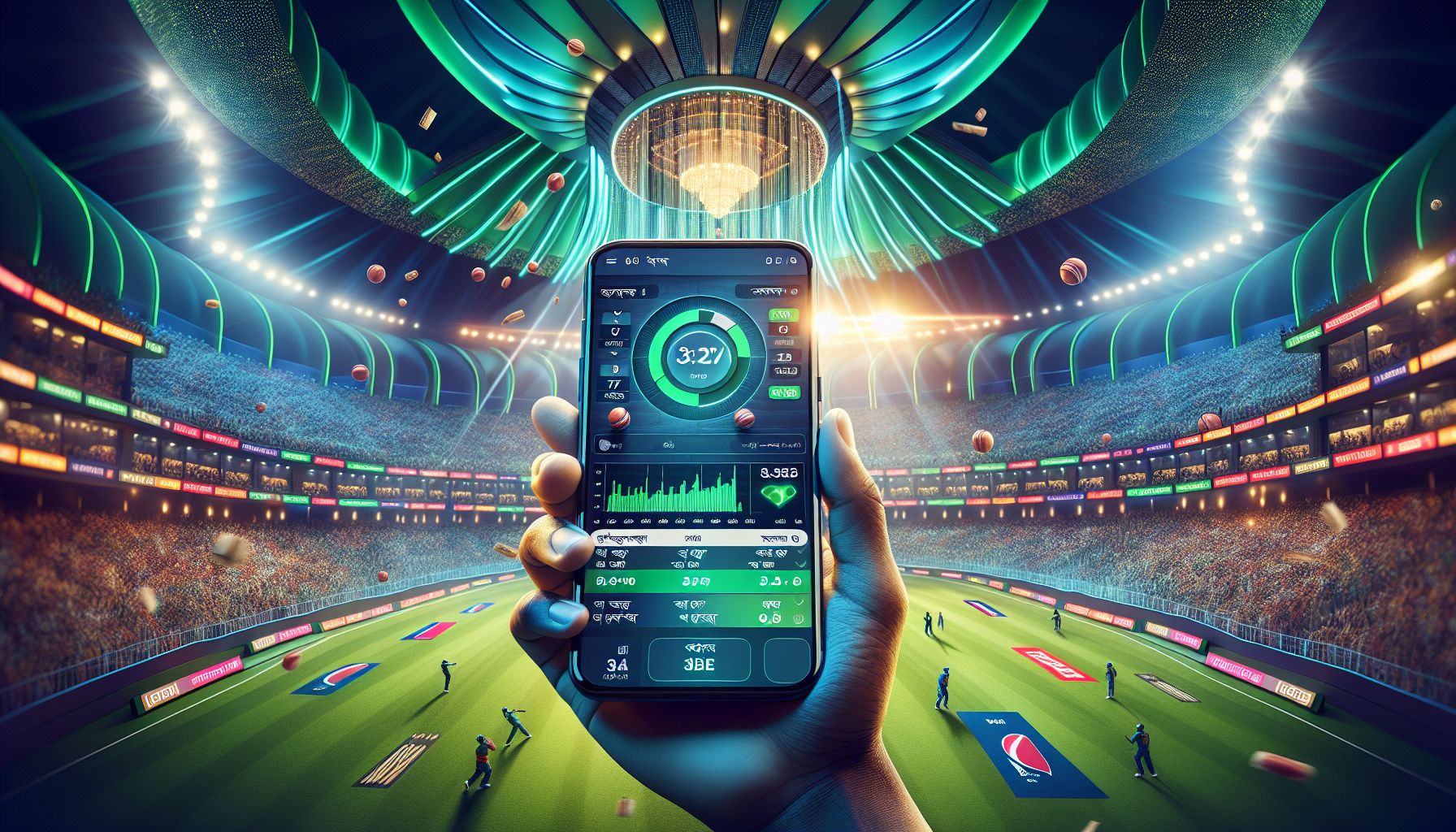 Mobile sportsbook screen during a live cricket match with bold betting visuals for Bangladesh players