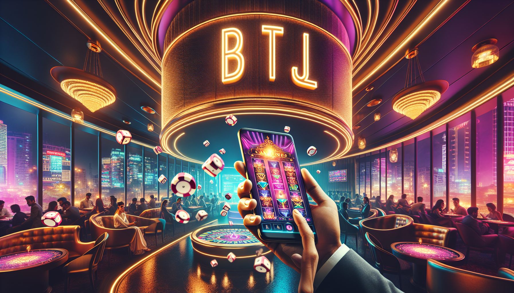 Modern gamer using a smartphone with glowing casino visuals and bold BDTJL branding in a stylish Bangladesh-inspired night setting