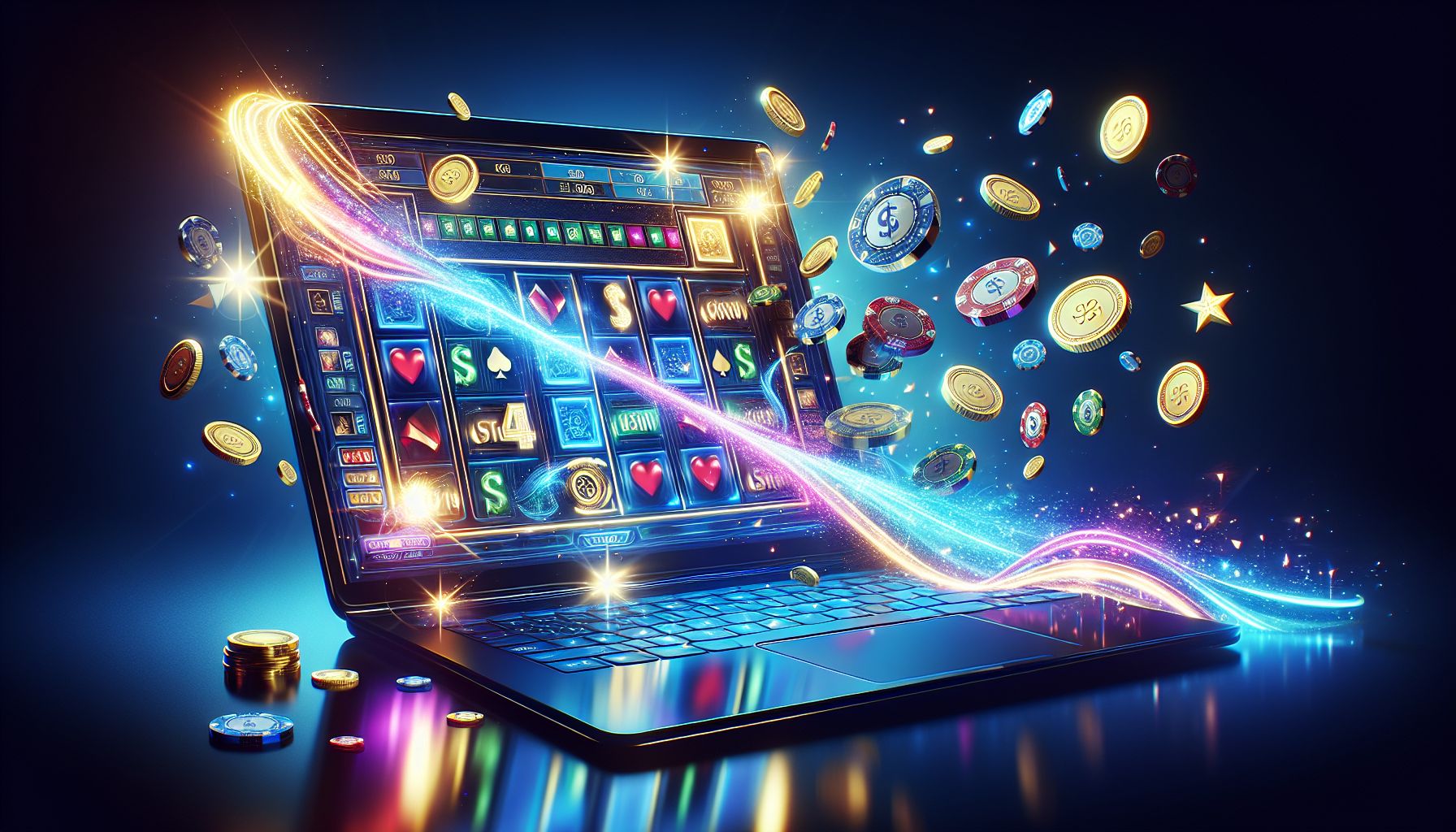 Laptop displaying colorful casino game tiles with bright light effects and a premium BDTJL atmosphere for Bangladesh players