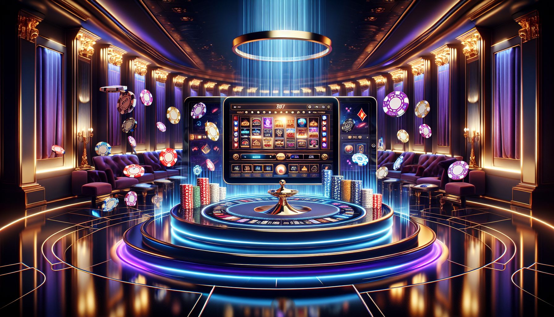 Focused player with tablet and glowing digital game icons, reflecting the polished BDTJL gaming environment in Bangladesh