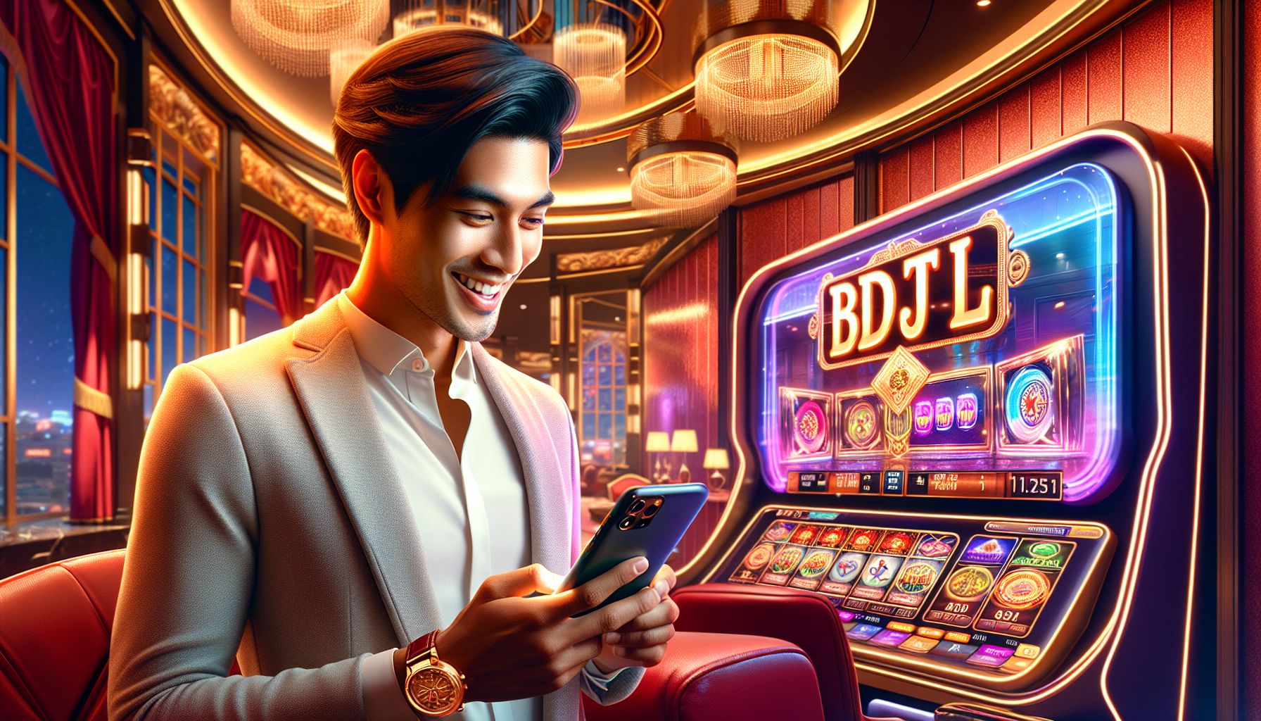 Bangladeshi player enjoying colorful slot gameplay on a smartphone in a modern gaming setting with BDTJL branding